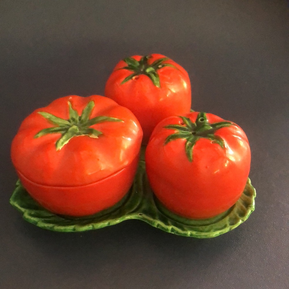 Vintage Maruhon Ware Tomato Condiment Set on Leaf Plate -Occupied Japan-Rare - Picture 3 of 7